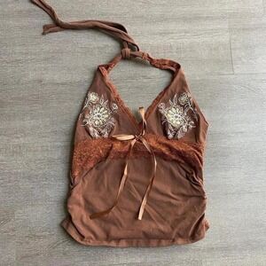 Women's Y2K Halter Neck Tank Top Vintage Floral Vest Deep V Lace Fitted